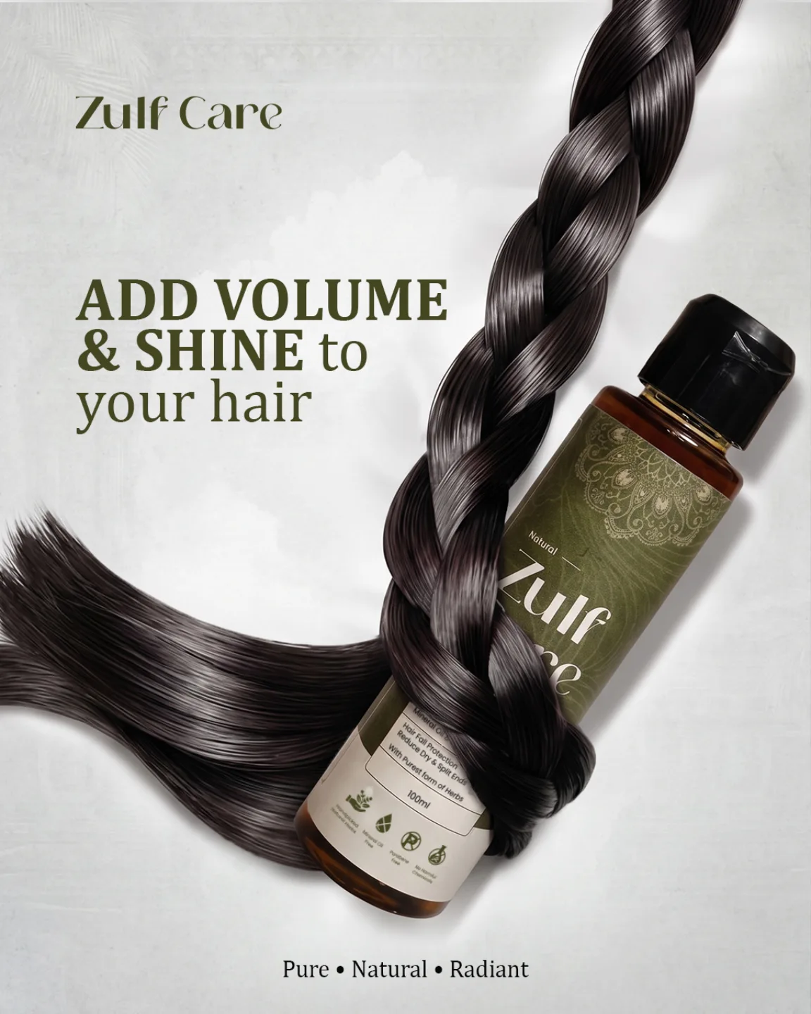A glossy dark braid wrapped around a bottle of Zulf Care herbal hair oil